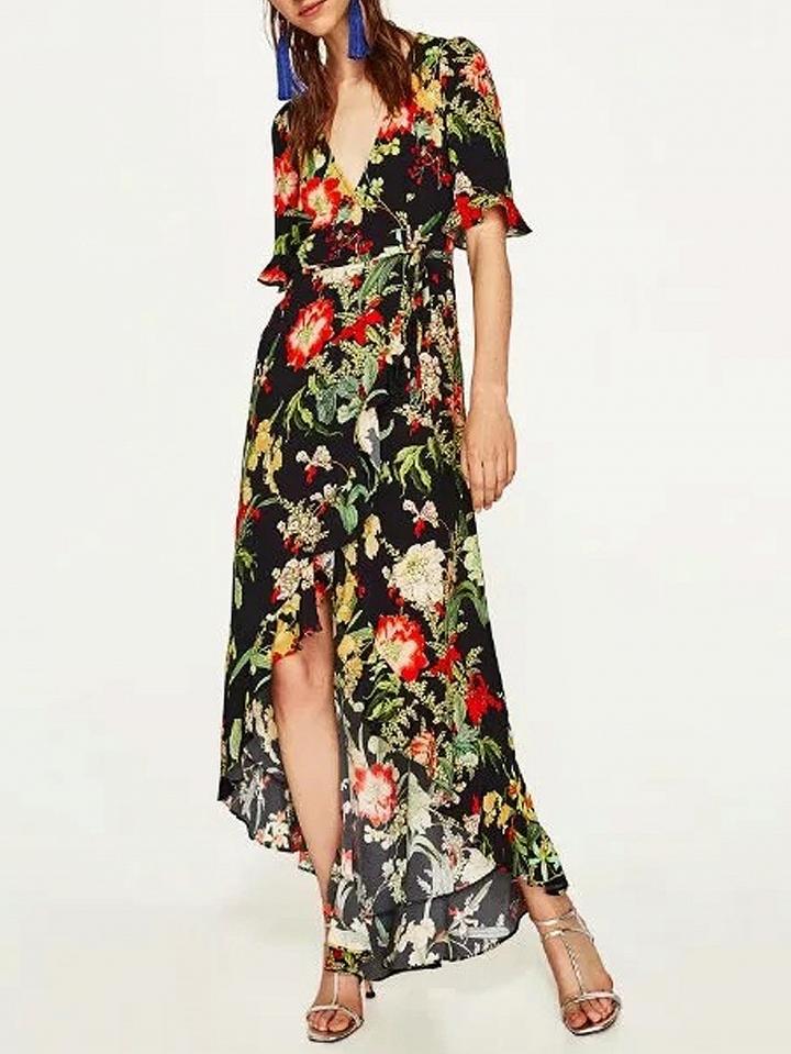 Choies Polychrome V-neck Floral Tie Waist Ruffle Trim Wrap Maxi Dress