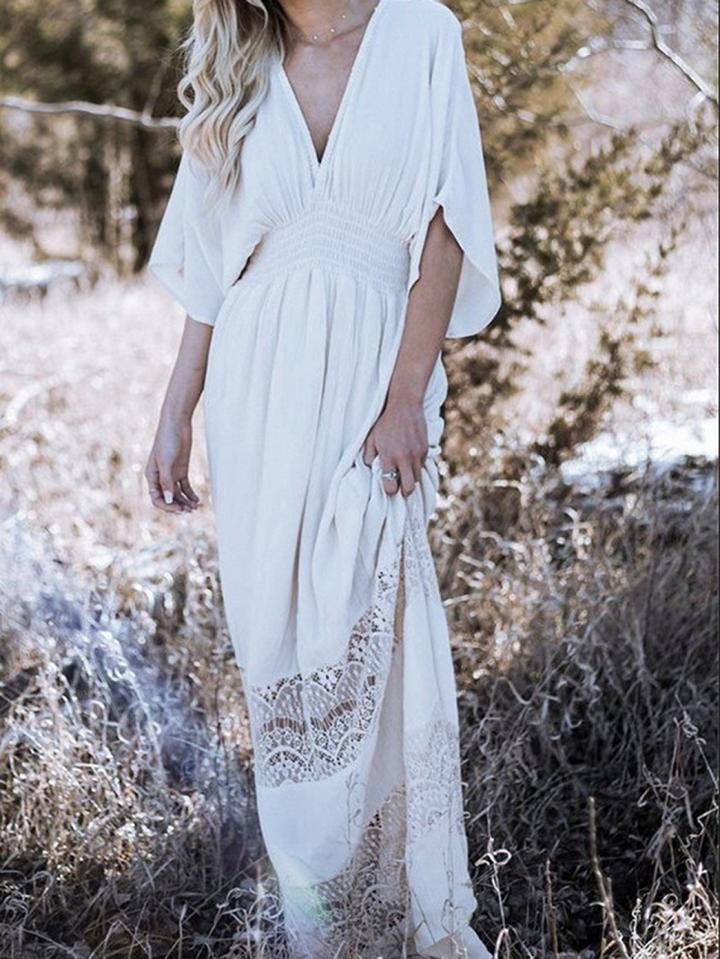 Choies White V-neck Lace Panel Batwing Sleeve Chic Women Maxi Dress