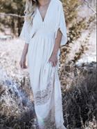 Choies White V-neck Lace Panel Batwing Sleeve Chic Women Maxi Dress