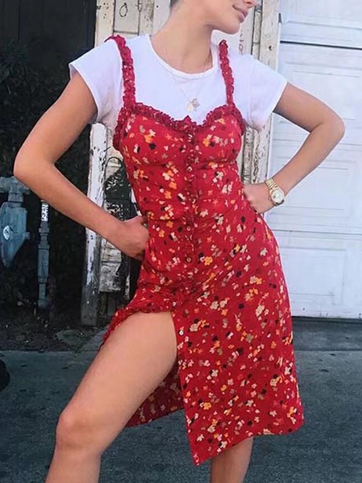 Choies Red Button Placket Floral Print Dress