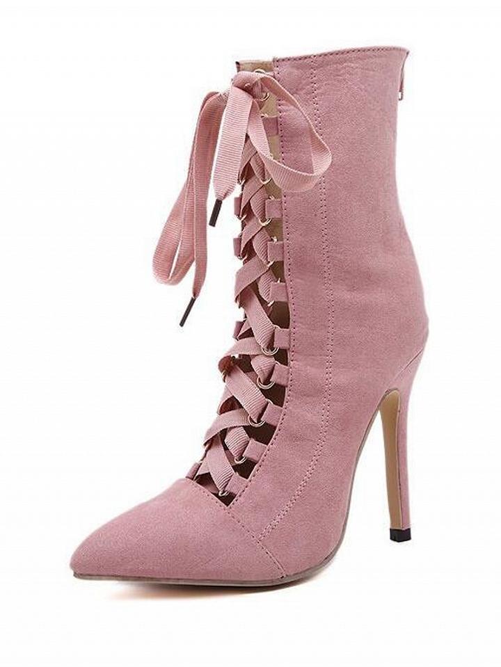 Choies Pink Faux Suede Pointed Lace Up Heeled Boots