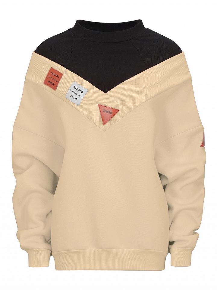 Choies Beige High Neck Patch Detail Long Sleeve Boyfriend Sweatshirt