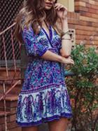 Choies Blue V-neck Print Detail Mini Dress