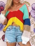 Choies Polychrome Stripe Plunge Long Sleeve Chic Women Knit Sweater