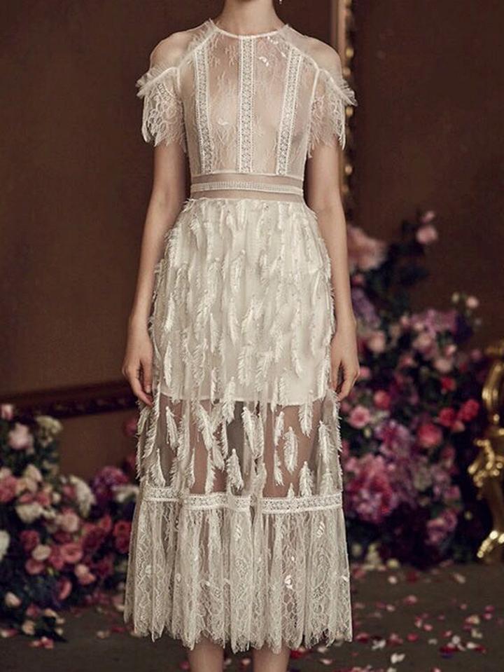 Choies White Feather Tassel Trim Chic Women Lace Midi Dress
