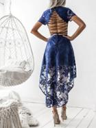 Choies Navy Blue V Neck Strappy Back Hi Lo Hem Short Sleeve Lace Dress
