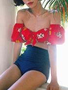 Choies Red Floral Print Knot Front Crop Bikini Top And Blue Bottom