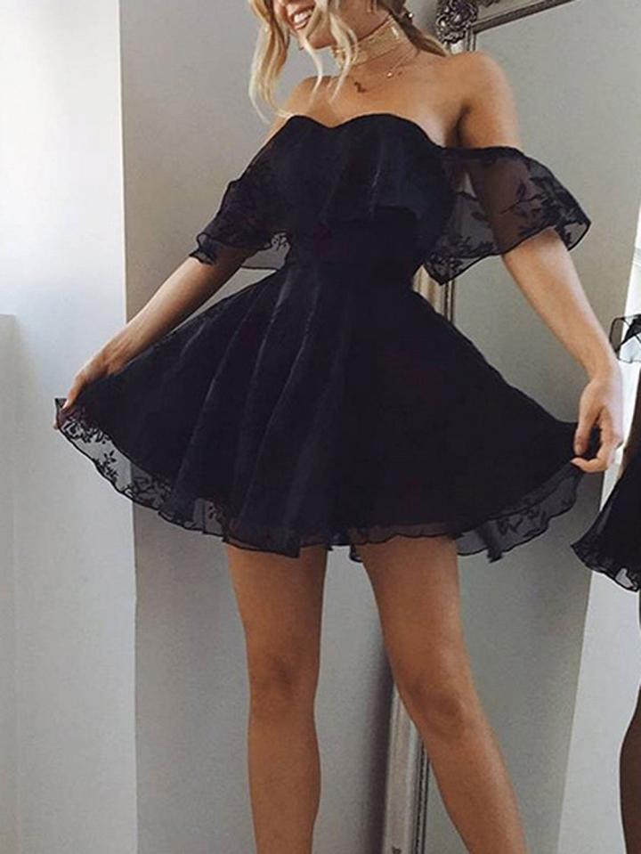Choies Black Sweetheart Off Shoulder Ruffle Lace Mesh Skater Dress