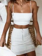 Choies White Stripe Cotton High Waist Zip Front Chic Women Mini Skirt