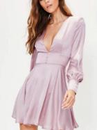 Choies Pink Satin Look Plunge Long Sleeve Mini Dress