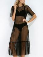 Choies Black Polka Dot Sheer Lace Midi Dress