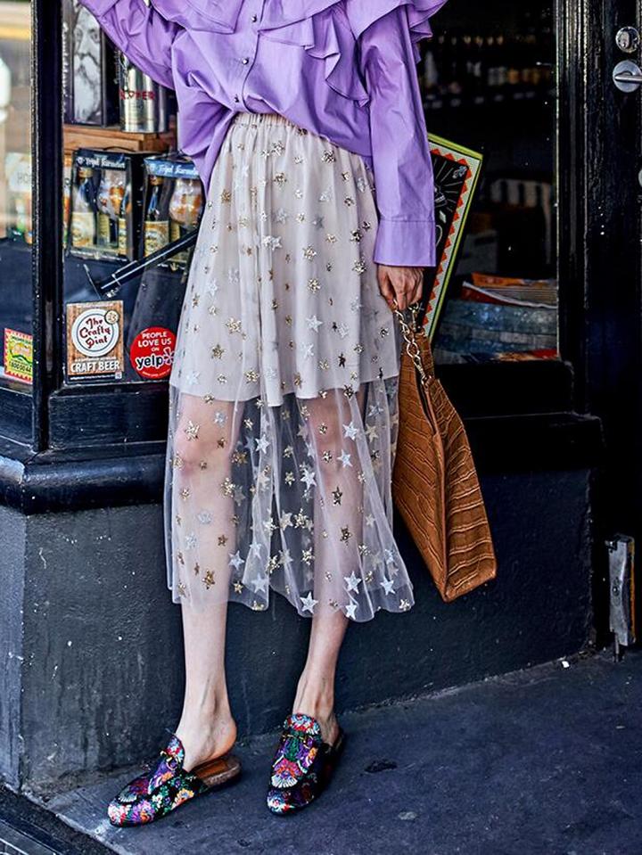 Choies White High Waist Star Sequin Detail Chic Women Sheer Mesh Midi Skirt