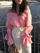 Choies Pink Off Shoulder Bow Detail Flared Sleeve Shirt