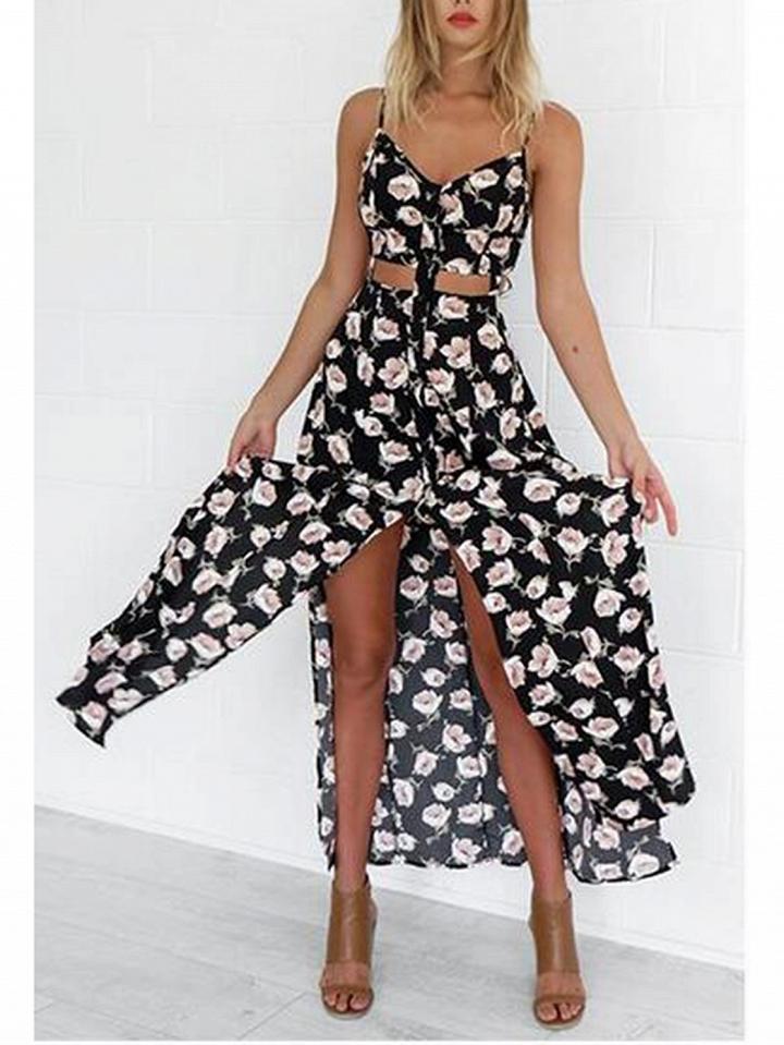 Choies Polychrome Floral V-neck Cut Out Spaghetti Strap Split Maxi Dress