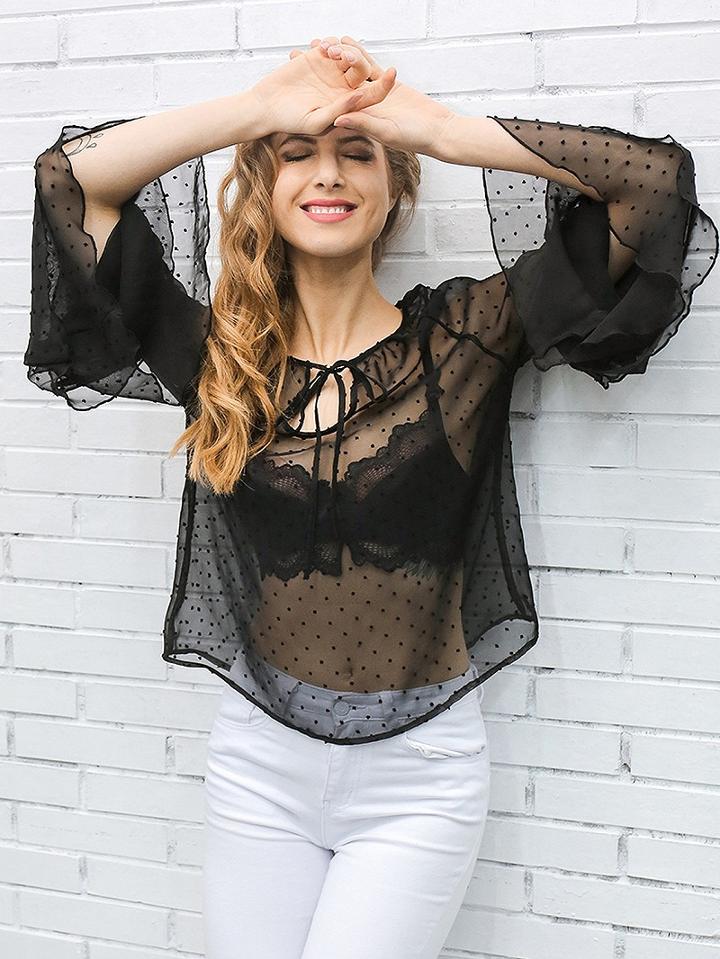 Choies Black Tie Front Ruffle Flared Sleeve Sheer Blouse