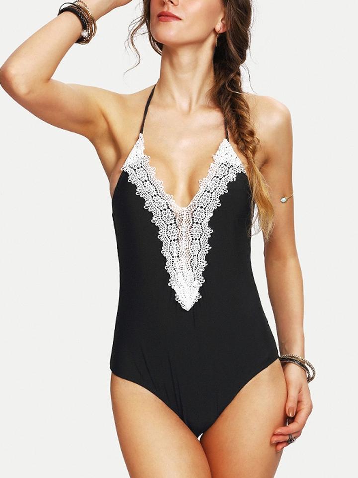 Choies Black Halter V-neck Lace Trim One-piece Swimsuit