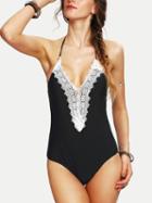 Choies Black Halter V-neck Lace Trim One-piece Swimsuit