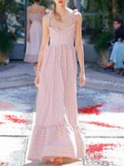 Choies Red Stripe Cross Strap Back Ruffle Hem Chic Women Cami Maxi Dress