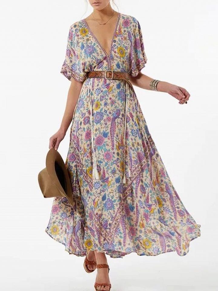 Choies Polychrome V-neck Floral Backless Maxi Dress