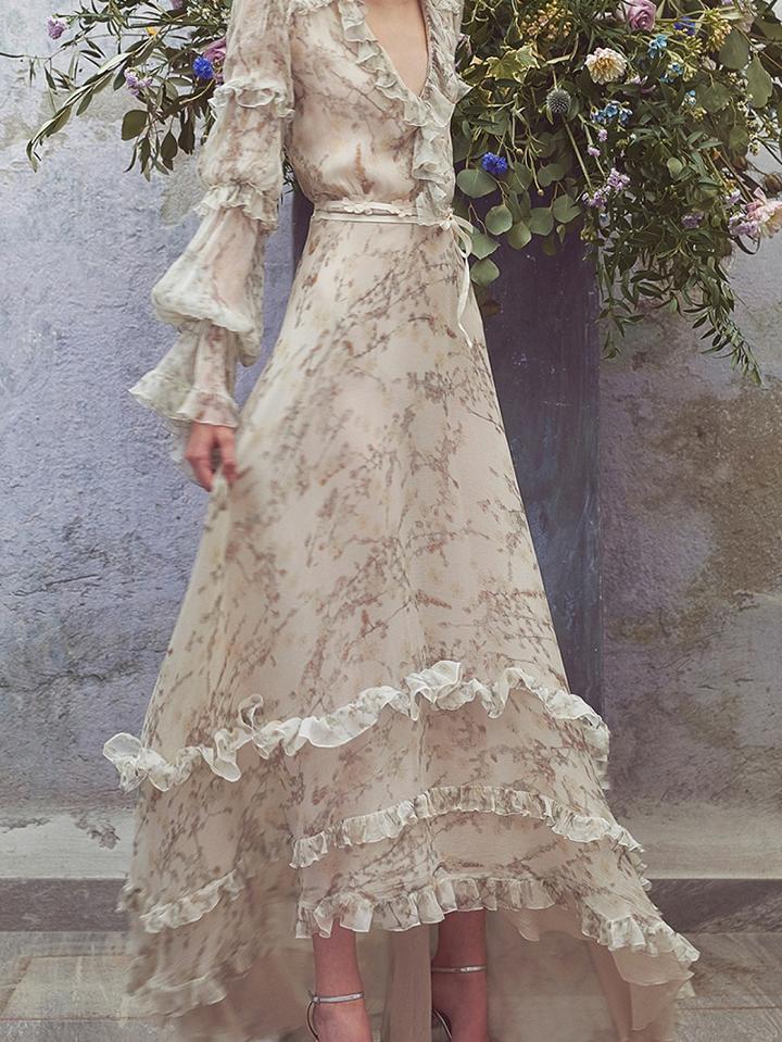 Choies Beige Chiffon V-neck Floral Print Long Sleeve Chic Women Maxi Dress