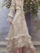 Choies Beige Chiffon V-neck Floral Print Long Sleeve Chic Women Maxi Dress