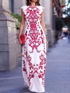 Choies White Chiffon Floral Print Zip Back Sleeveless Chic Women Maxi Dress