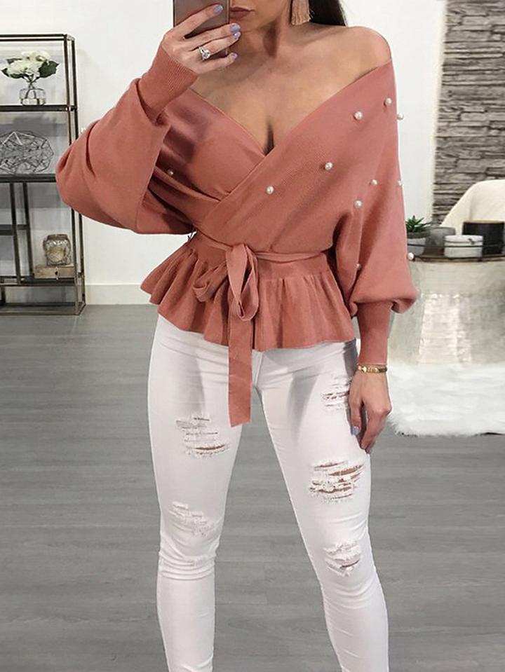 Choies Red V-neck Beaded Detail Ruffle Hem Long Sleeve Women Sweater