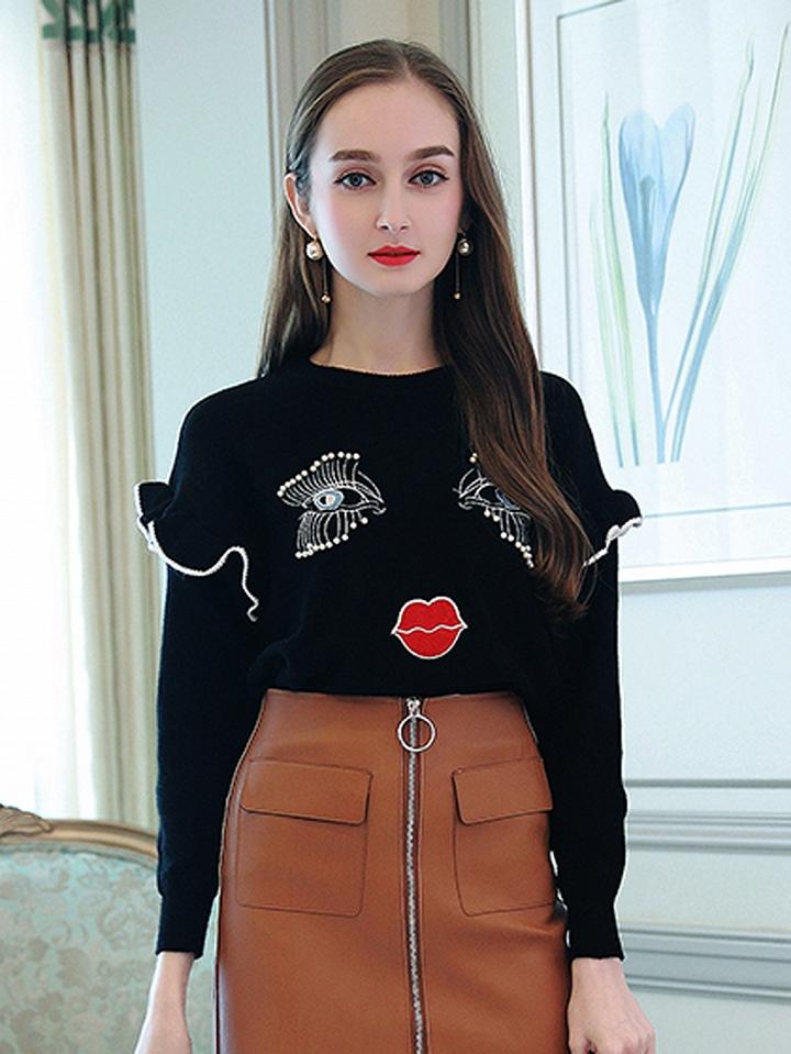 Choies Black Ruffle Trim Embroidery Front Beaded Detail Knit Sweater