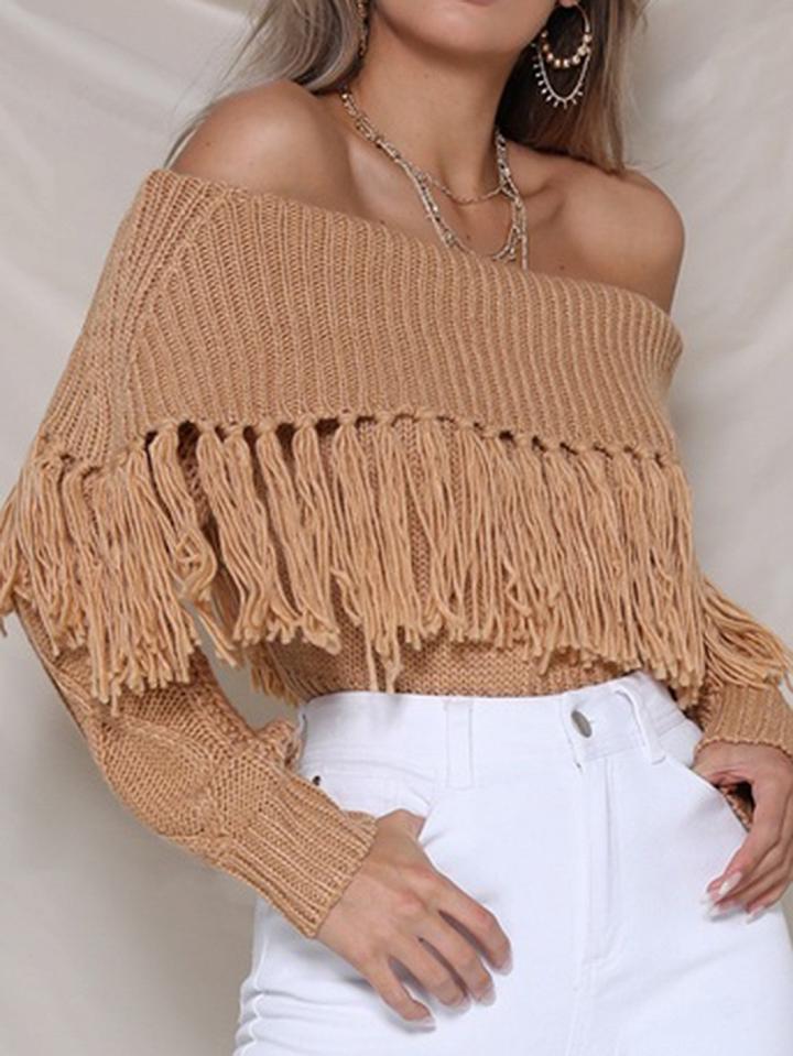 Choies Khaki Off Shoulder Tassel Trim Long Sleeve Chic Women Knit Sweater