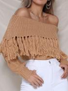 Choies Khaki Off Shoulder Tassel Trim Long Sleeve Chic Women Knit Sweater