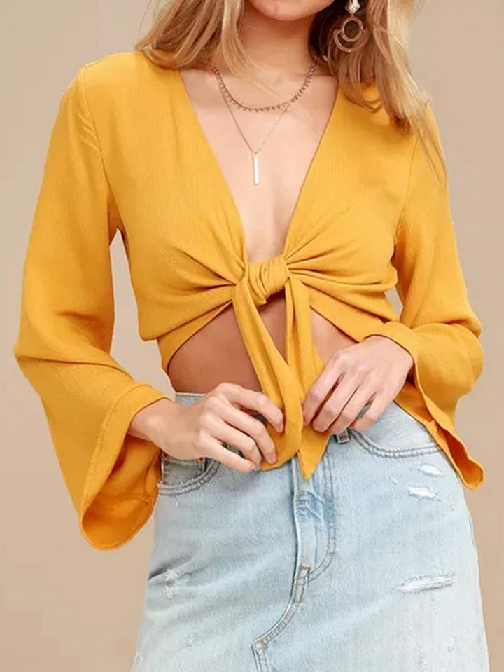 Choies Yellow Cotton V-neck Tie Front Flare Sleeve Chic Women Crop Top