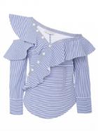 Choies Blue Off Shoulder Stripe Cold Shoulder Ruffle Trim Long Sleeve Shirt