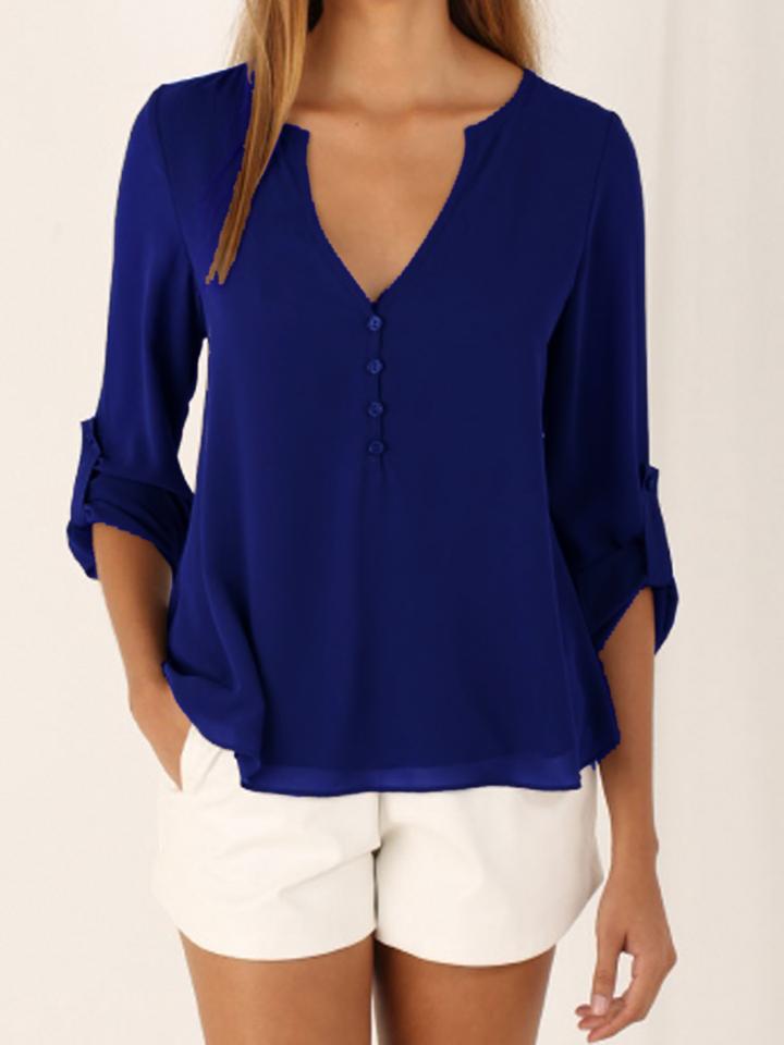 Choies Royal Blue V-neck Button Detail Dip Back Blouse