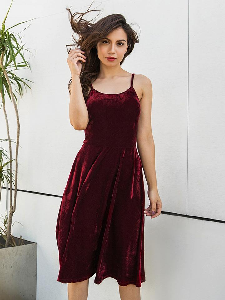 Choies Hot Pink Velvet Spaghetti Strap Lace Up Back Dress