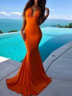 Choies Orange Halter V-neck Open Back Chic Women Bodycon Maxi Dress
