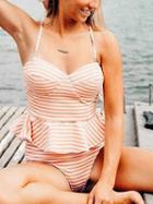 Choies Orange Stripe Ruffle Trim Bikini Top And High Waist Bottom