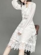 Choies White Tie Front Embroidery Cut Out Lace Panel Long Sleeve Dress