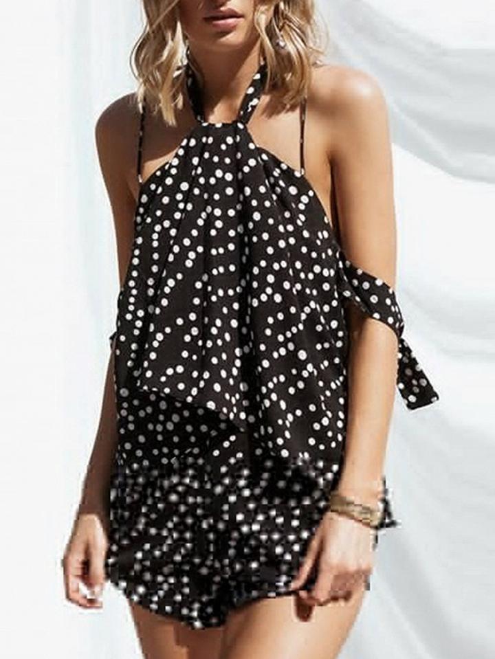 Choies Black Cross Strap Back Polka Dot Open Back Romper Playsuit