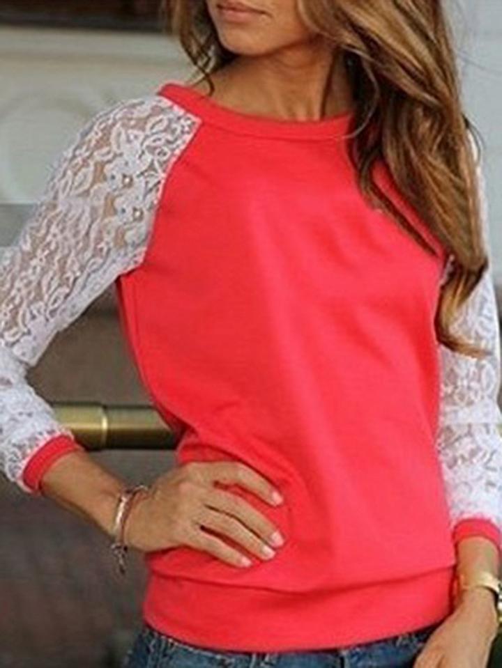 Choies Red Lace Panel Long Sleeve Blouse