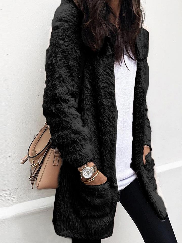 Choies Black Open Front Pocket Detail Long Sleeve Women Fluffy Cardigan