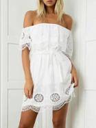 Choies White Off Shoulder Ruffle Tie Waist Scalloped Hem Mini Dress