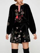 Choies Black Velvet Embroidery Detail Tassel Tie Long Sleeve Blouse