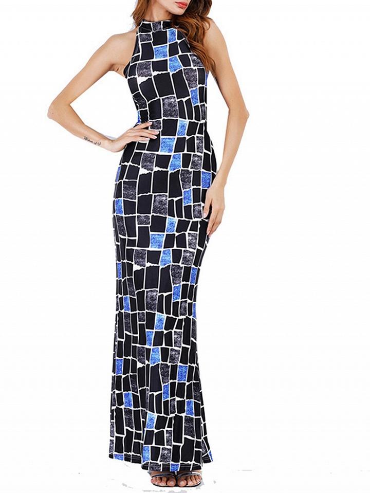 Choies Blue Plaid Cut Out Back Maxi Dress