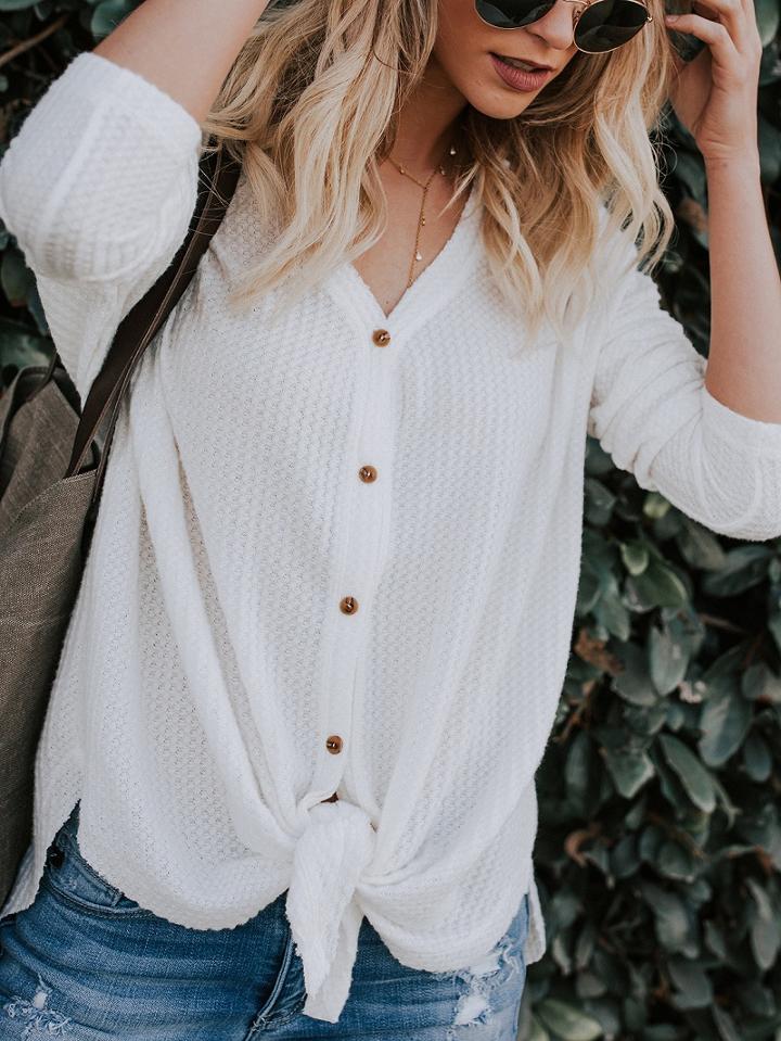 Choies White V-neck Tie Front Long Sleeve Blouse