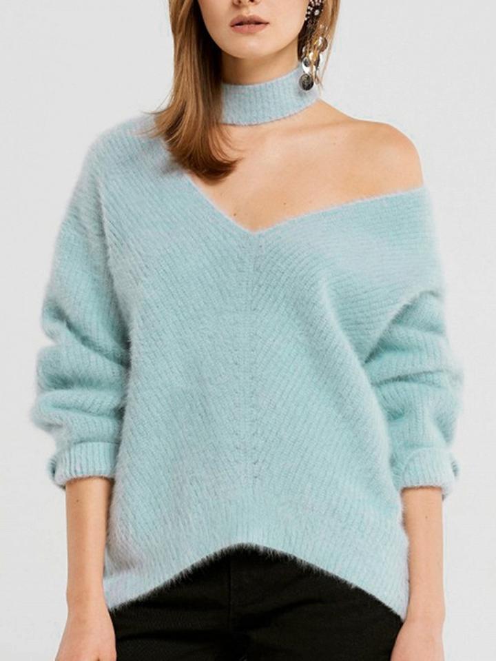Choies Blue Cold Shoulder V-neck Long Sleeve Women Sweater