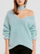 Choies Blue Cold Shoulder V-neck Long Sleeve Women Sweater