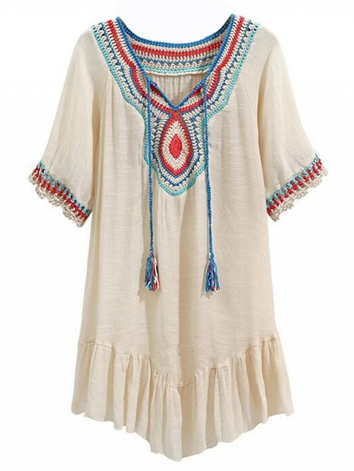 Choies Cream Crochet Panel Tassel Tie Fill Hem Dress