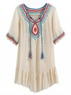 Choies Cream Crochet Panel Tassel Tie Fill Hem Dress