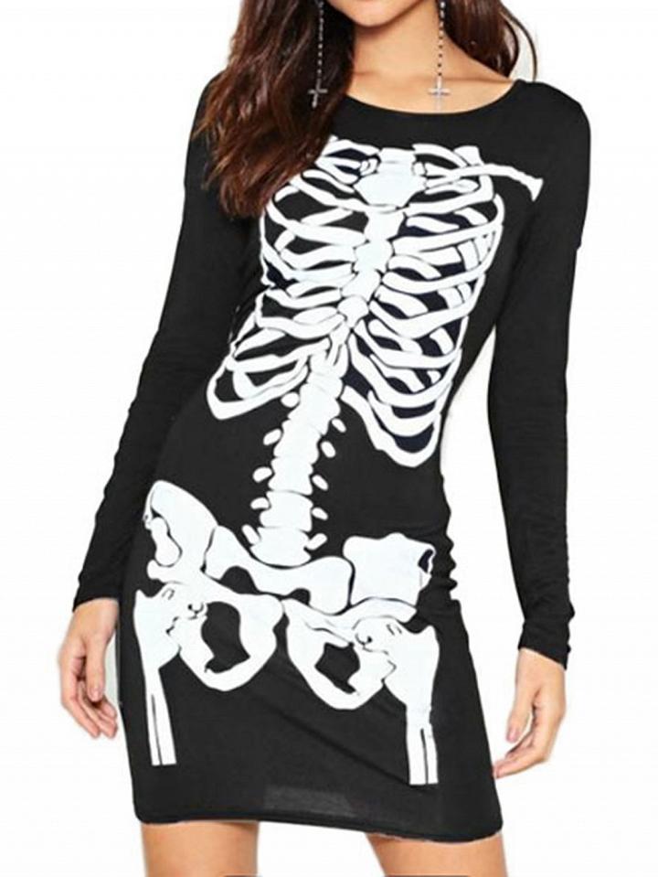 Choies Black Skeleton Print Long Sleeve Chic Women Halloween Mini Dress