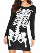 Choies Black Skeleton Print Long Sleeve Chic Women Halloween Mini Dress